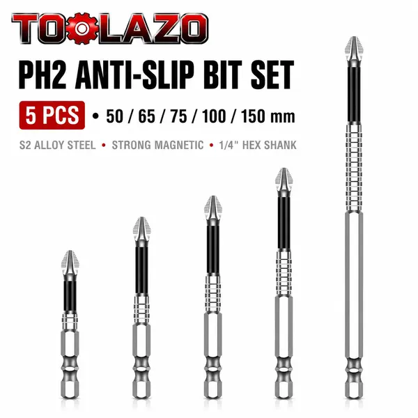 5 Pcs S2 Steel Nickel PH2 Phillips Magnetic Screwdriver Bits