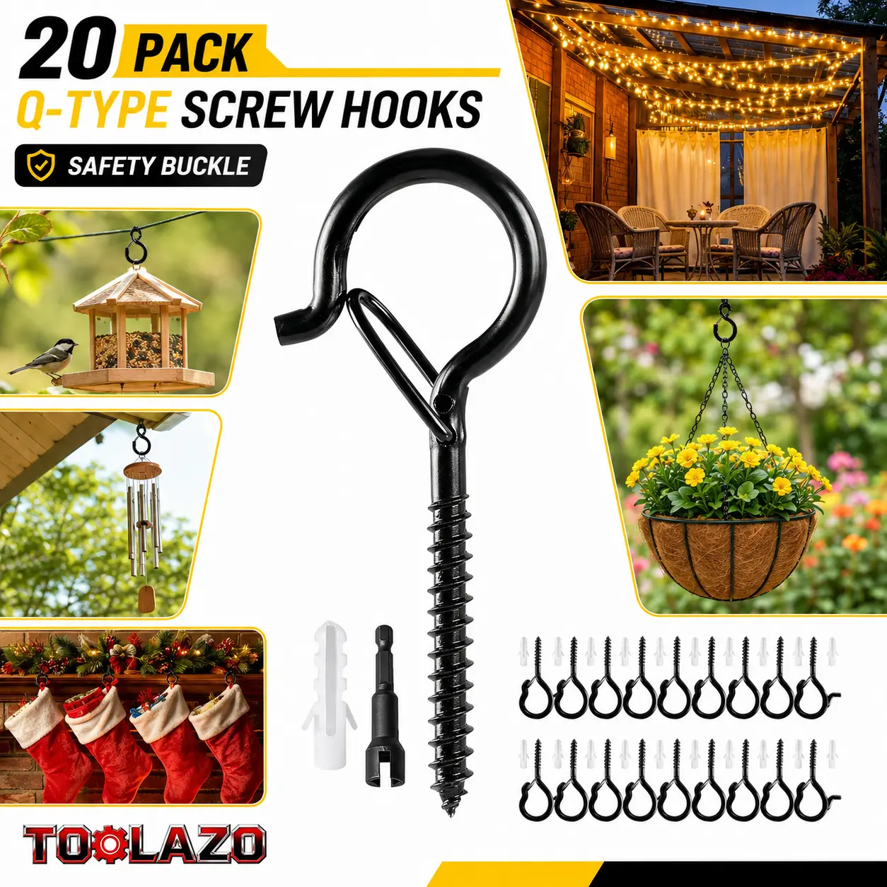 20-Pack Slip-Resistant Q-Type Screw Hooks with Safety Buckle — product image 1 of 9